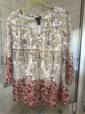 Style & Co. White and Brown Paisley Peasant Blouse with Tassel Tie